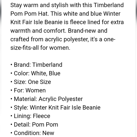 NWT Women's Timberland Knit Fair Isle Pom Pom Fleece Beanie - Picture 10 of 10